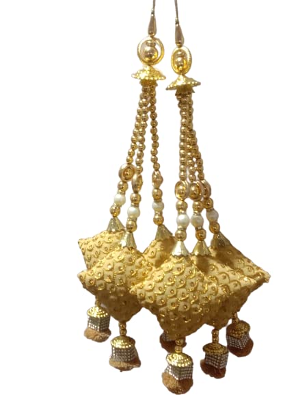 Bhavya sales Women's Handmade Work Ethnic Hanging Cotton Pompom Bell Tassel Latkan for Saree, Blouse and Lehenga - Pack of 2 (Golden)