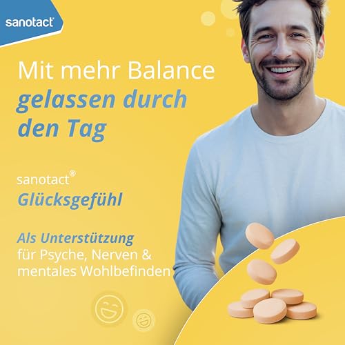 sanotact Glücksgefühl (20 Tabletten) • Natürlicher Stimmungsaufheller hochdosiert • Vitamin Tabletten mit Zitronenmelisse, Vitamin B Komplex, L-Tryptophan & Magnesium • B-Vitamine