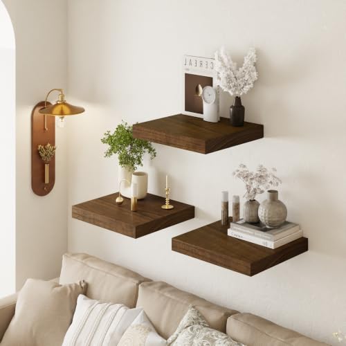 Image of 16 inch Wall Floating Shelves, Set of 3, Walnut Finish | 16 inchL x 12 inchD x 1.8 inchH, Set of 3, Solid Paulownia Wood, Walnut Finish, Hidden Brackets, Hardware Included