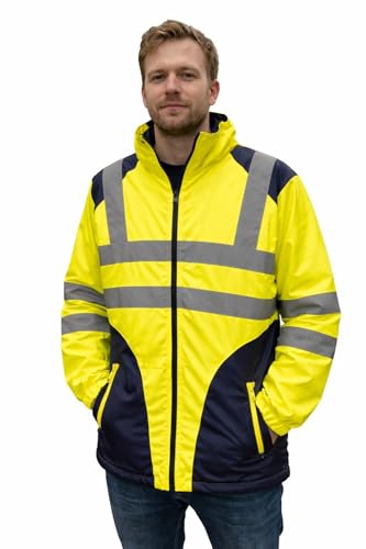 Image of SHEEN Hi Vis Rain Jacket High Visibility Reflective Summer Workwear Coat with Fleece Lining Lightweight Safety Jacket S–5XL (UK, Alpha, XXL, Regular, Regular, Yellow/Navy)