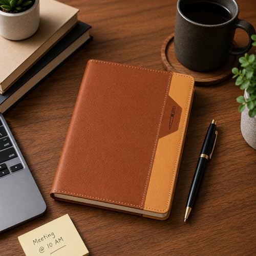 Image of A5 Soft PU Leather Notebook Journal with Pen Holder & Bookmark Ribbon, 120 Sheets /240 Pages Lined Paper, Premium Leather Diary for Office, Work, Business, Meeting Notes, Travel, Students & Professionals (21 X 15 CM) (Brown)