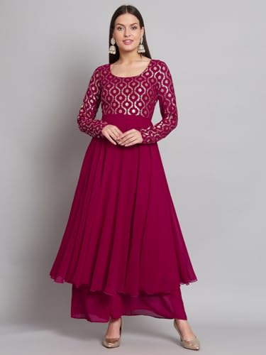 Image of PH POSHAKHUB Georgette Foil Print Anarkali Kurta has Round Neck and Full Sleeve