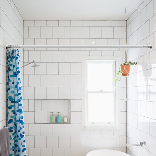 Silver Shower Curtain Pole No Drilling,Stainless Steel Extendable Shower Curtain Rod Tension Pole 70-164cm with 12 Shower Curtain Hooks for Kitchen Cupboard Bathroom Window - Image 3