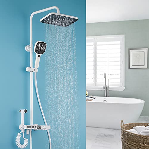 Douche thermostatique blanche ensemble complet pommeau pluie douchette et robinet tube