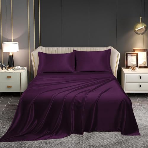 Image of Homestan Satin Bedsheet for King Size Bed with 2 Pillow Covers, Modern Bed Sheet for Romantic Nights(100x108 inches, Wine)