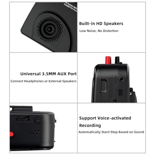 Kassettenspieler/Recorder, AM/FM-Radio,Walkmaner Tragbarer Kassettenspieler, Aufnahme auf Kassette, Eingebaute Lautsprecher, Manuelle Aufnahme, T201(Schwarz)