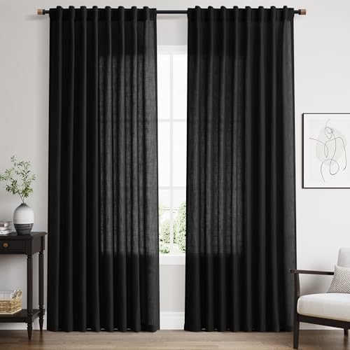 Image of Nanspring Linen Curtains 84 Inch Length for Living Room Bedroom Black Simple Modern Semi Sheer Curtains Set Back Tab Rod Pocket Cotton Textured Privacy Drapes 60x84, 2 Panels