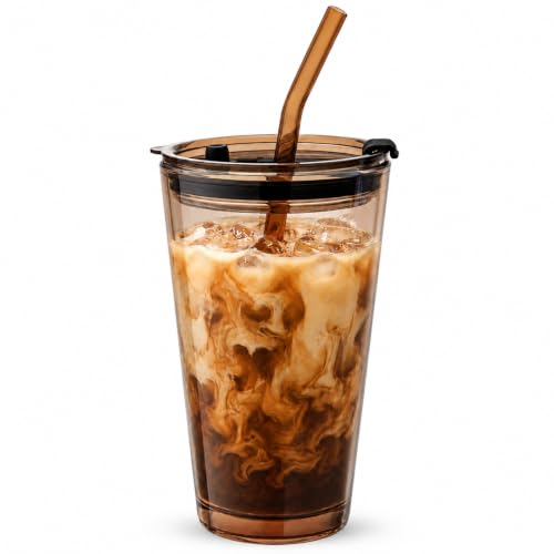 Olvini 15oz Glass Tumbler with Straw and Lid Cute Iced Coffee Cups Aesthetic Glass Cups Coffee Tumbler Water Cup Matcha Cup Drinking Glasses (Amber - 15oz)