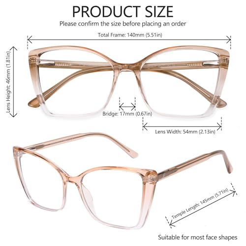 Image of Blue Light Blocking Glasses for Women, Oversized Trendy Cat Eye Computer Gaming Glasses Anti Glare & UV Glare RF6204 (Clear Gradient Brown Cateye Frame)