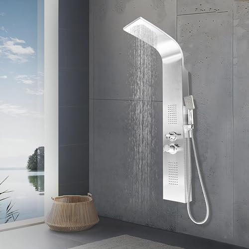 Probility Duschpaneel aus Edelstahl für den Eckeinbau 3 Funktionen mit Regenbrause Brausegarnitur mit Handbrause, Regenbrause und 2 Massageduschen, Brausegarnitur Temperatur einstellbar