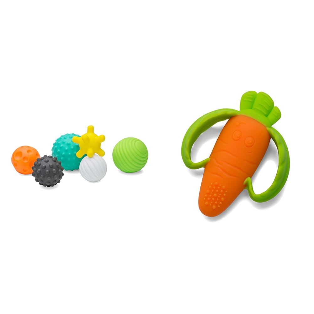 Infantino 6 Piece Textured Ball Set and Orange Carrot Silicone Teether for Sensory Play and Teething Relief