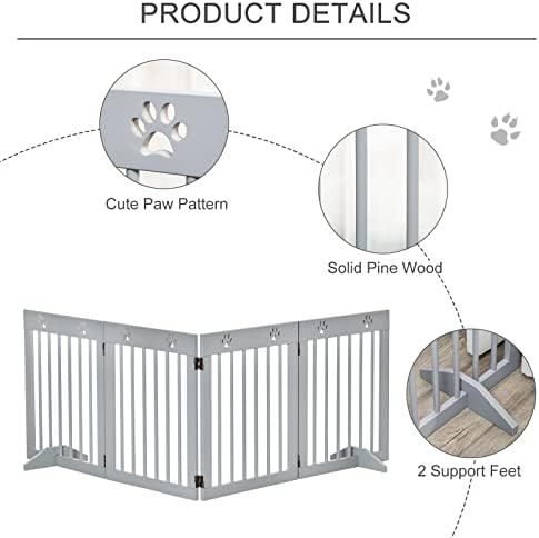 PawHut Freestanding Pet Gate 4 Panel Wooden Dog Barrier Folding Safety Fence with Support Feet up to 204cm Long 61cm Tall for Doorway Stairs Light Grey