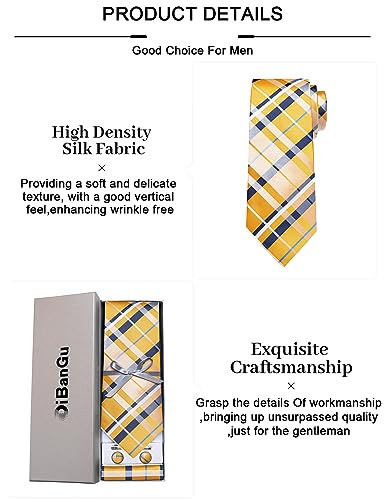 Image of DiBanGu Plaid Ties for Men Silk Checkered Necktie and Pocket Square Cufflinks Tie Clip Set with Gift Box for Wedding Business