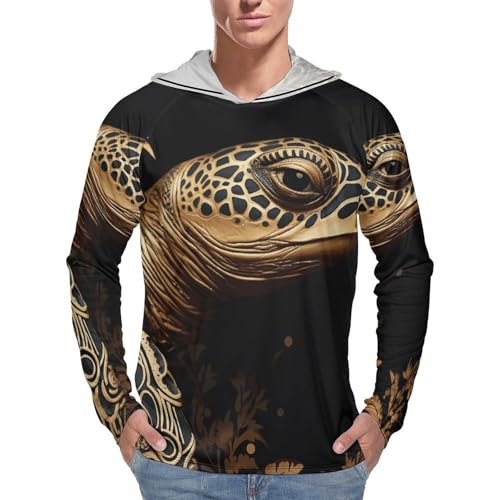 Men's Sun Shirts UPF 50+ Rash Guard Long Sleeve Sun Protection Hoodie Black and Gold Sea Turtle Pattern Lightweight Shirt M