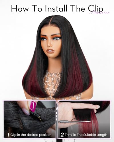 Image of Arabella Hair 5x6 Glueless Wigs Human Hair and Burgundy 1B /99J in Hair Extensions Pre Plucked Pre Cut 280% Density Glueless Wigs Human Hair Pre Plucked Bleached Knots Straight Wig 18inch