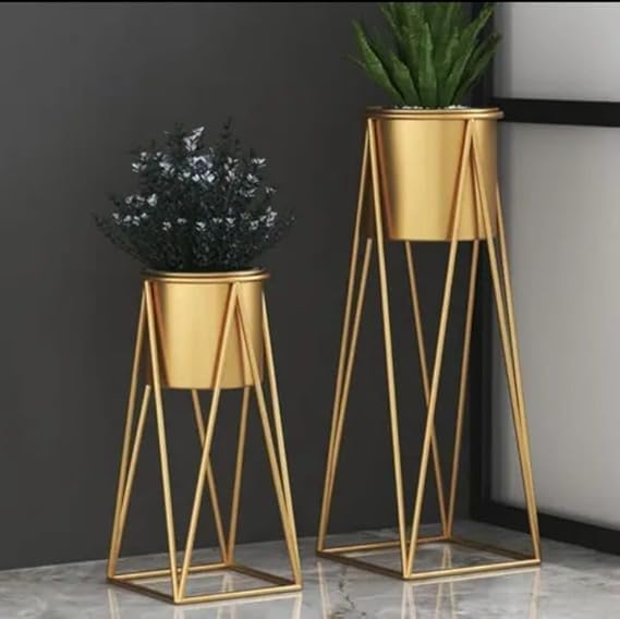 Image of Decent Home Decor Iron Metal Indoor Out Door Bedroom Home Office Planter Pot Tall Stand with Planter for Living Room, Balcony Flower Pot Stand Set of 2 (Gold)