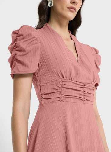 Image of Sugathari Women Women's V-Neck Maxi Dress, A-Line Style, Puff Sleeves, Cinched Waist 246