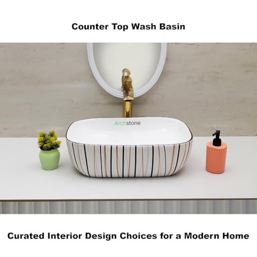 Image of Archstone Wash Basin for Bathroom-1 Yaer Warranty- Tabletop Washbasin - Ceramic Glossy Rectangle Designer Moroccan Countertop Vessel Sink, Dining Hall & Vanity 33x45x14.5 cm (Luxury Strip Design)