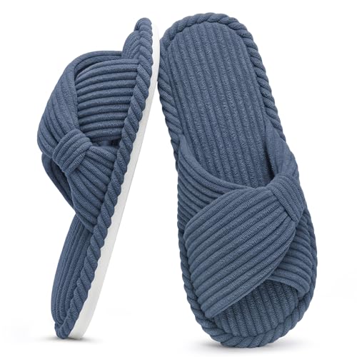 Evshine Fall House Slippers for Women Corduroy Cross Bow Indoor Slippers Open Toe Slip On Bedroom Shoes with Memory Foam, Blue 270 (Size 8-8.5)