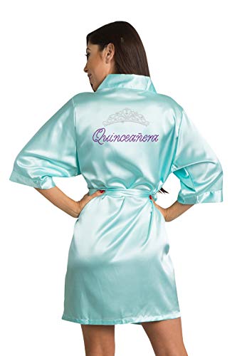 Zynotti Girls Custom Rhinestone Quinceanera - Getting Ready Kimono Aqua Blue Satin Robe, Bata de Diamantes de imitacion Quinceanera - S/M (Adult Size 2-12)