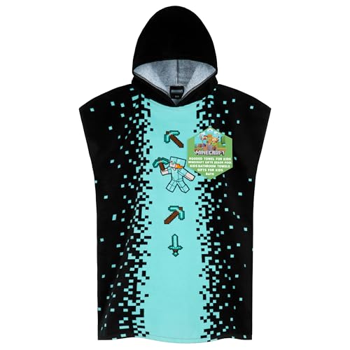 Minecraft Bath Towel with Hood for Kids and Teenagers Changing Robe Absorbent Creeper Poncho Towel for Swimming Bath Shower Beach Holiday Essentials (Black/Blue, 10-13 Years)