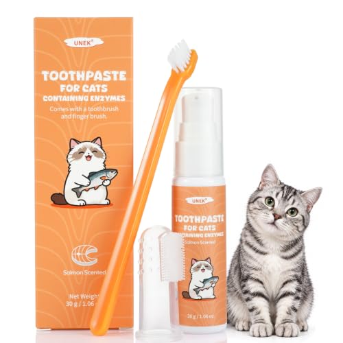 UNEK Katzen Zahnpflege-Set, Enzymatische Zahnpasta mit Lachsgeschmack, 30 g | Mit Zahnbürste & Fingerbürste, hilft bei der Reduktion von Plaque und Mundgeruch