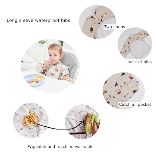GZMM Waterproof Baby Bibs,Infant Toddler Long Sleeve Feeding Bib With Food Catcher,Easy Clean & Washable4