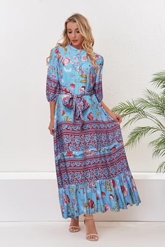 Image of Women Boho High-Waist Floral Print Maxi Dress 3 /4 Sleeve Casual | Soft Rayon, Breathable, Quick-Dry. High-Waist with Adjustable Belt, Flattering Hem. Ideal for Beach, Work & Dating.