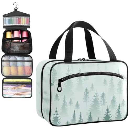 YNNALE Sewing Supply Organizer Bag, Mist Forest Spruce Green Fir Tree Portable Sewing Bags with Pockets&Hanger, Sewing Storage Box Case for Sew Supplies/Kit/Tools/Accessories (BAG ONLY)