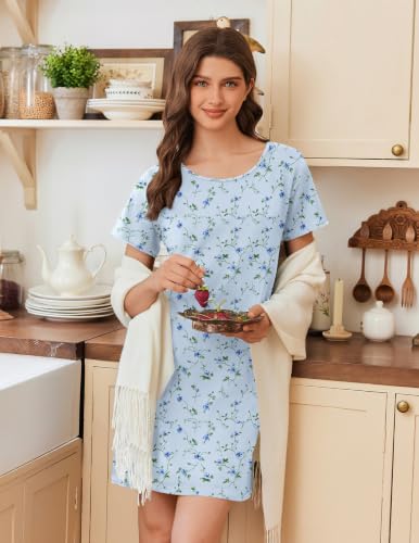 Image of Ekouaer Cotton Nightgowns for Women Short Sleeve Sleepshirts Soft Sleepwear