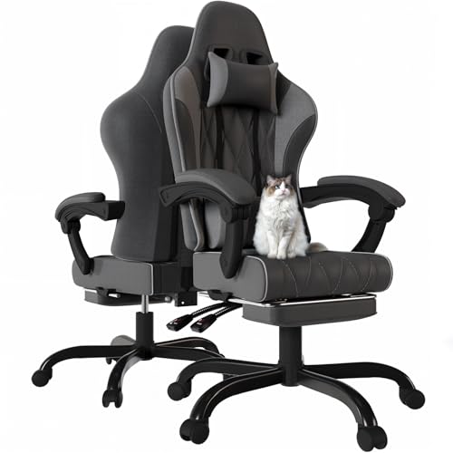 JUMMICO Gaming Stuhl Stoff mit Federpolsterung, Ergonomischer Bürostuhl mit Massager. Gaming Chair mit Kopfstütze, Fußstütze, Höhenverstellbar. Gamer Stuhl 150 kg belastbarkeit. Dunkelgrau