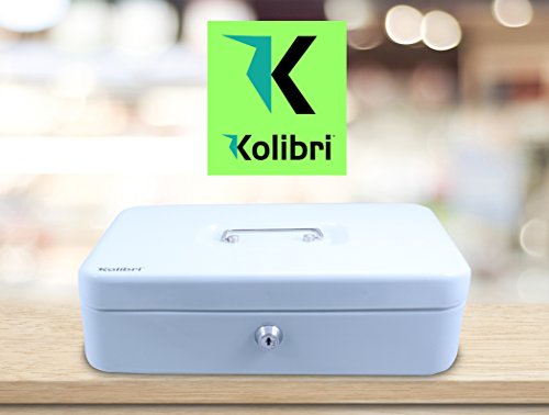 Kolibri Security Durable Metal Cash Box, Money Box with 4 Spring-Loaded Cantilevered Dividers for Bills and 5 Slots for Coin Tray, Key Lock Safe 100% Money Secure and Safe, 2 Keys Included - White