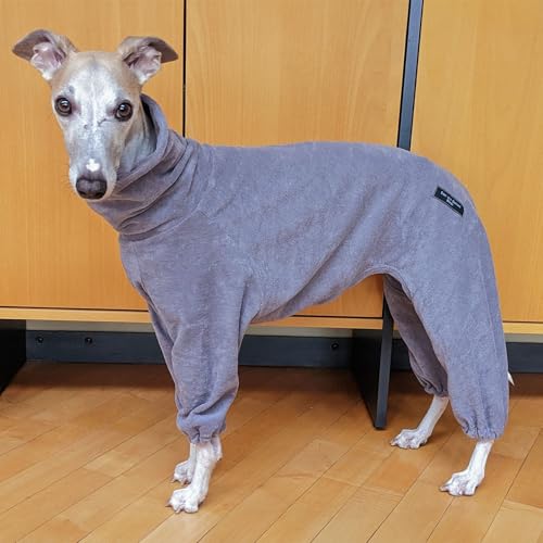 EDEL&SCHNELL Hundebademantel aus grauem Frottee, saugfähiger und weicher Bademantel Hund, Rückenlänge 70-75 cm, ideal für Windhunde, Whippets, Ridgebacks, Dalmatiner