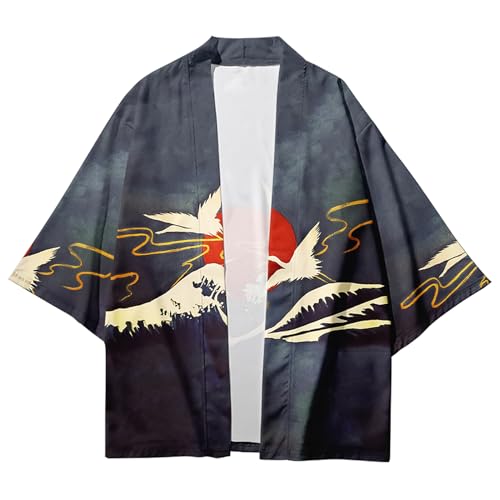 Image of DOSLAVIDA Men's Japanese Kimono Jacket Set Stylish Open Front Coat With Shorts Chinese Style Printed Cardigan Suit