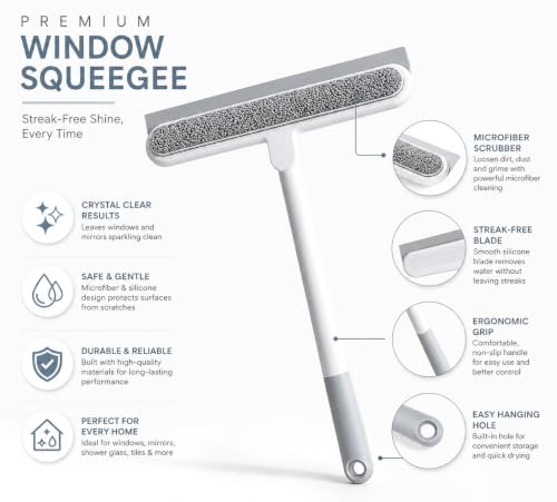 Image of ROKTRY 360 Rotating Silicone Floor Squeegee Mop with Long Handle - Multi-Purpose Water Wiper Broom for Bathroom, Kitchen, Glass, Tile & Hardwood Floor Cleaning Mirror Scraper Brush with Soft Rubber