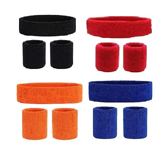 Care N Touch Men,Women Cotton Sports wear Wrist Band & Head Band Color BLACK + BLUE + RED + ORANGE (SET of 12)-image-46