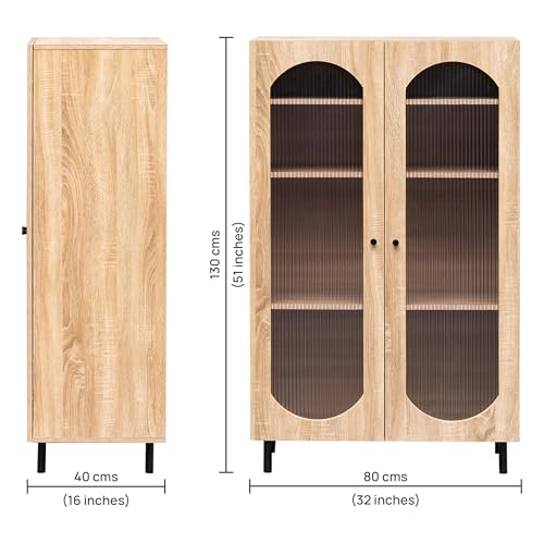 Image of Rocco Stellar Bookshelf with Auto LED Lights & Acrylic Fluted Doors | Engineered Wood Bookcase | Adjustable Shelves, Scratch-Resistant | Living Room, Library & Office (Oak, Tall Size)