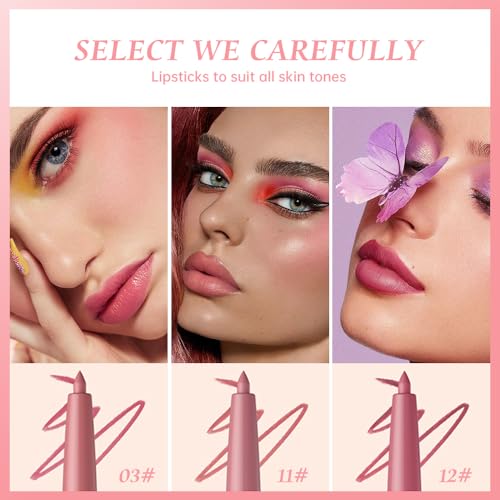 Image of 12 Colors Matte Lip Liner Pencil - Long Lasting Waterproof Lip Liner, Smudge Proof Transfer Proof Lip Pencil, High Pigment Lip Makeup for Defining & Filling Lips (A2-set:03+11+12, 3PCS)