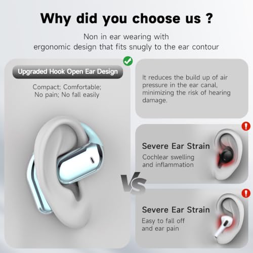 Image of Wireless Open Ear Bluetooth V5.4 Earbuds with Earhooks, HiFi Stereo ENC Earphones with Microphone, Ecouteur Sans Fil Bluetooth IP7 Waterproof, Fit for Sport, Workout and Business, Light Blue