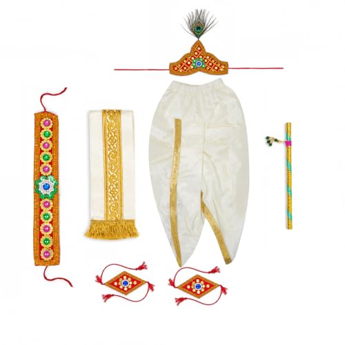 Image of Shri Krishna Costume Set - Ethnic Wear with Golden Jari Angavastram & Dhoti, Traditional Dress Set of 7 for Boys & Girls - Ideal for Janmashtami, Fancy Dress, and Festivals
