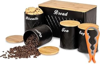 Black Bread Bin Tea Coffee Sugar Storage Tins Canisters Set – Biscuit Barrel Round Jar Canisters Set with Airtight Bamboo Lids, Stylish and Durable Metal Storage Solution for Modern Organized Kitchen