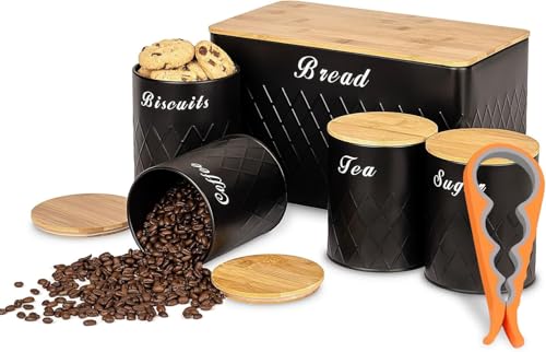 Black Bread Bin Tea Coffee Sugar Storage Tins Canisters Set – Biscuit Barrel Round Jar Canisters Set with Airtight Bamboo Lids, Stylish and Durable Metal Storage Solution for Modern Organized Kitchen