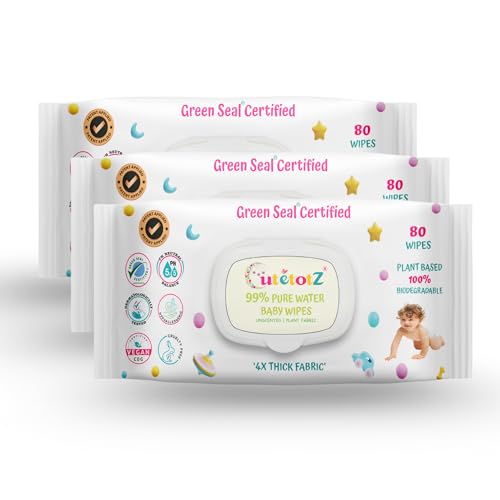 CutetotZ Baby Wet Wipes - Plant based, 100% Biodegradable, Green Seal™ Certified, 99% Water Wipes (PATENT FILED) - Pack of 3 (240 Wipes)