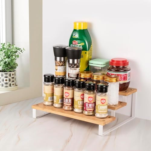 Image of 3 Tier Wooden Spice Rack for Kitchen Countertop -Step Shelf Organizer for Spices, Jars & Condiments | Metal Frame Wood Shelf For Counter Storage - Walnut (35 x 24 x 15 cm)