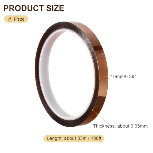 Image of uxcell Heat Resistant Tape - 8 Pcs High Temperature Heat Transfer Tape Polyimide Film Adhesive Tape 10mm x 33m(108ft)