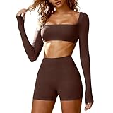 Workout-Sets für Damen, 2-teiliges Outfit, Trainingsanzug, komplettes Set, schmal, langärmelig, rückenfrei, bauchfreies Top und Shorts zum Anheben des Pos, Jogger, athletisch, Fitnessstudio, Freizeit