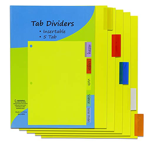Emraw Three-Ring Binder Index Dividers 5 Tab Multicolor Insertable Binder Dividers Durable Reinforced 3 Hole Punch Section Big Tab Reusable Plastic Writing Dividers Pack of 6