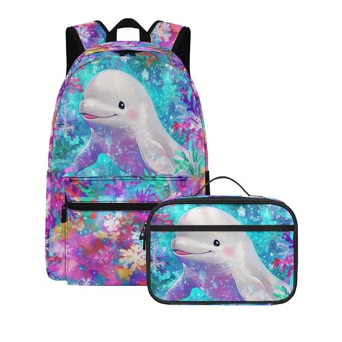 Beluga Whale Flowers Print Vibrant Animal Pattern Kids Backpack Set 2pcs School Bookbag with Lunch Box for Boys Girls
