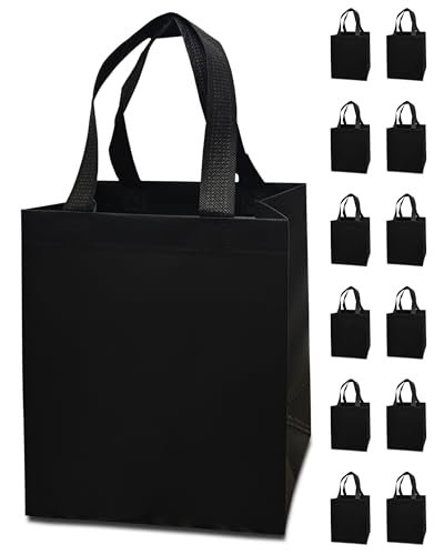 REUGBEXPT 12 Black Gift Bags - Sturdy Reusable Medium 8x5x10 with Handles Non-Woven for Weddings Fathers Day Parties Birthdays & Graduations