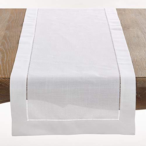 SARO LIFESTYLE Hemstitched Border Table Runner, White, 16"x90"